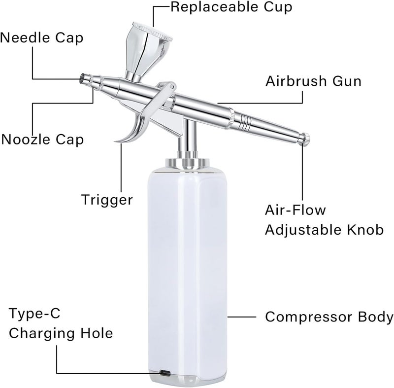 I-BEAUTEE high air Flow Cordless Airbrush Kit, Wireless Portable Air Brush Compressor, Rechargeable Mini Air Brush, Handheld Airbrush Gun for Barber, Model Painting, Nail Art, Makeup, Tattoo (White) - Image 2